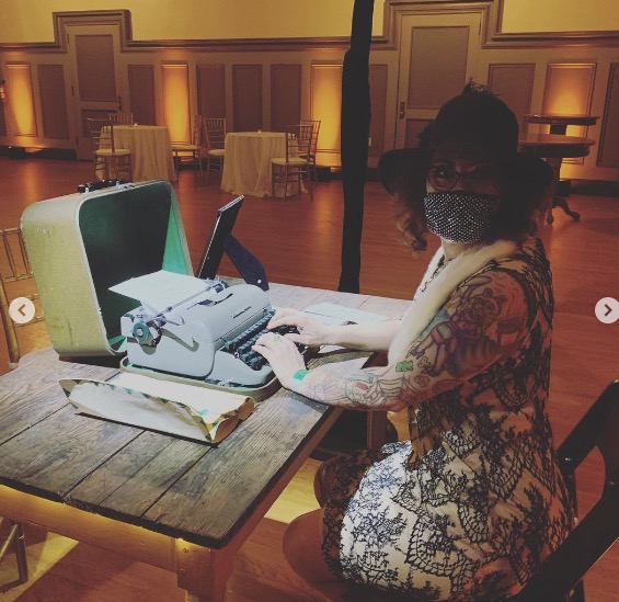 This is our entertainer that uses a typewritter to make custom poems on the spot at your party in the SF Bay Area.